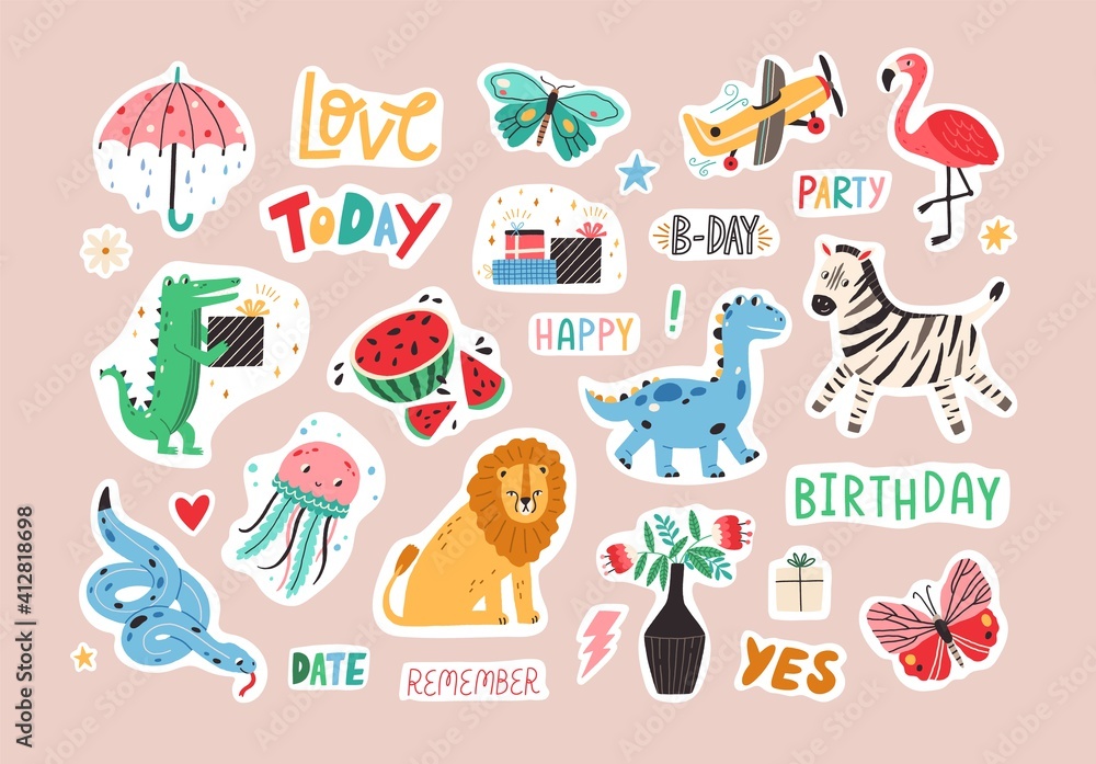 Set of colorful stickers with cute and funny animals and lettering. Hand-drawn characters and handwritten words for notebook, scrapbook or planner. Colored flat graphic vector isolated illustrations Set of colorful stickers with cute and funny animals and lettering. Hand-drawn characters and handwritten words for notebook, scrapbook or planner. Colored flat graphic vector isolated illustrations