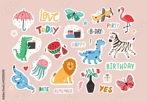 Set of colorful stickers with cute and funny animals and lettering. Hand-drawn characters and handwritten words for notebook  scrapbook or planner. Colored flat graphic vector isolated illustrations