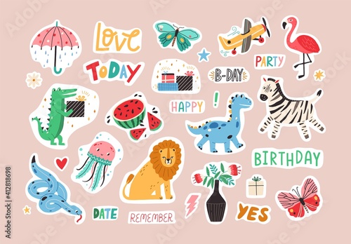 Set of colorful stickers with cute and funny animals and lettering. Hand-drawn characters and handwritten words for notebook, scrapbook or planner. Colored flat graphic vector isolated illustrations