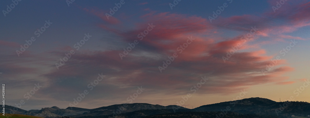 panorama landscape view of the Sierra de las Nieves in Andalusia at sunset