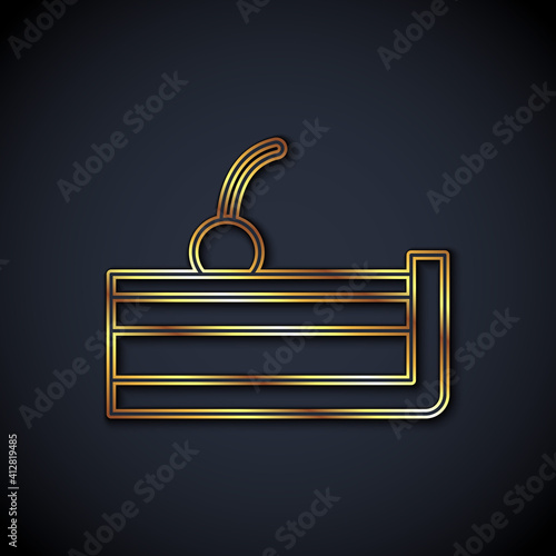 Gold line Cherry cheesecake slice with fruit topping icon isolated on black background. Vector.
