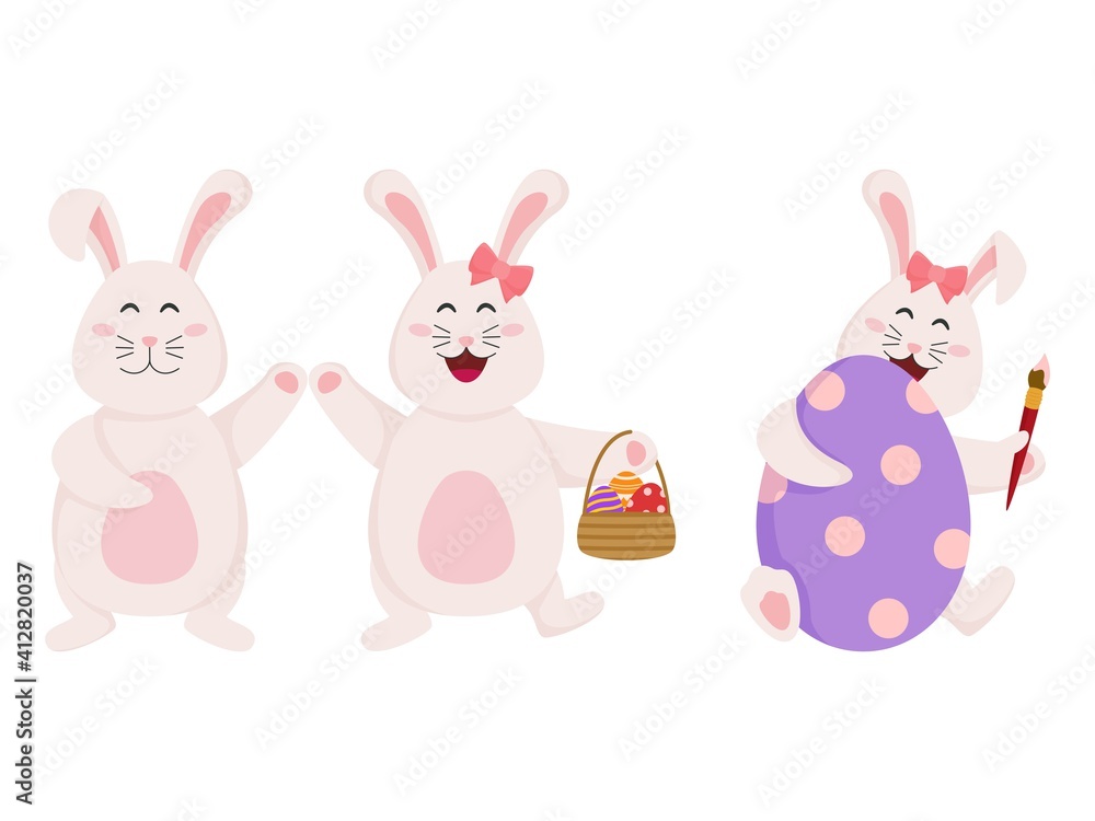 Obraz premium Cheerful Bunnies Character With Eggs Basket On White Background.