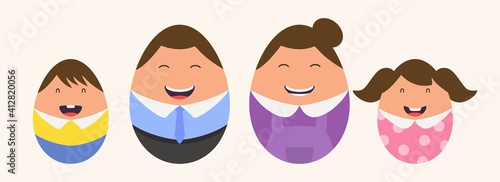 Cartoon Cheerful Boys And Girls Egg Character On Background.