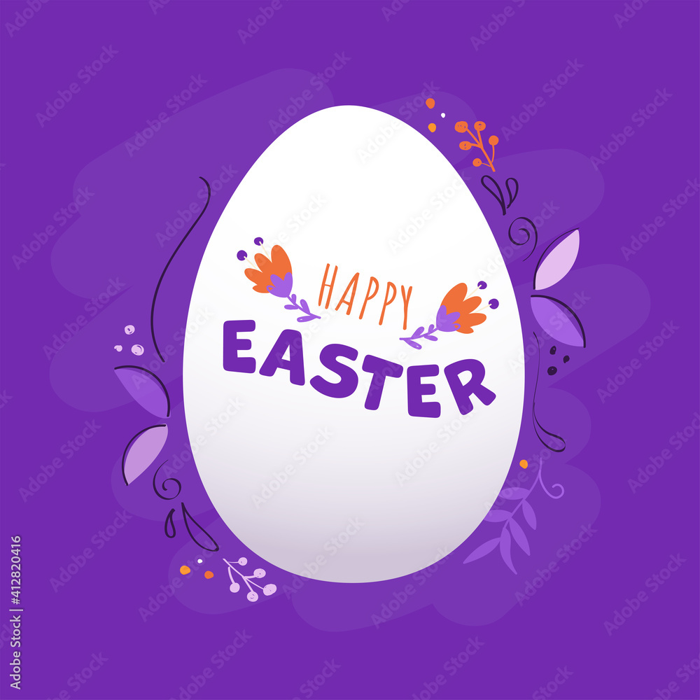 Happy Easter Text With White Egg And Floral Decorated On Purple Background. Happy Easter Text With White Egg And Floral Decorated On Purple Background.