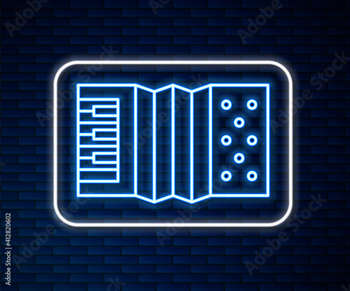 Glowing neon line Musical instrument accordion icon isolated on brick wall background. Classical bayan, harmonic. Vector.