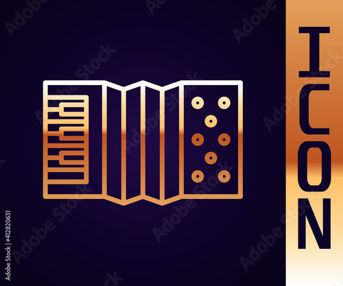 Gold line Musical instrument accordion icon isolated on black background. Classical bayan, harmonic. Vector.