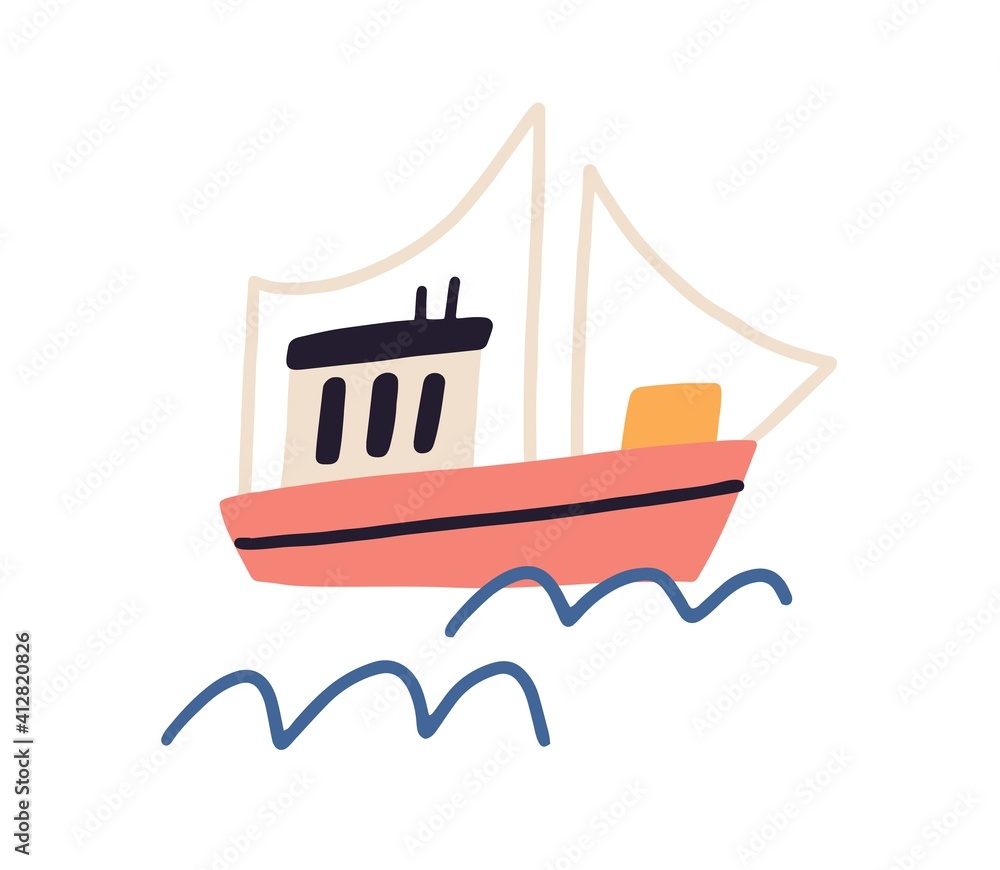 Ship with sails floating in sea or ocean. Fishing boat and waves of water drawn in Scandinavian style. Childish colored flat vector illustration isolated on white background
