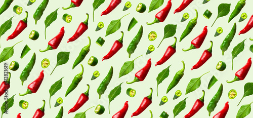 Pattern green, red chili pepper, leaves isolated on green background. Seasoning for dish, fresh hot pepper, spicy spices for cooking, cayenne pepper, food. Abstract creative background with pepper