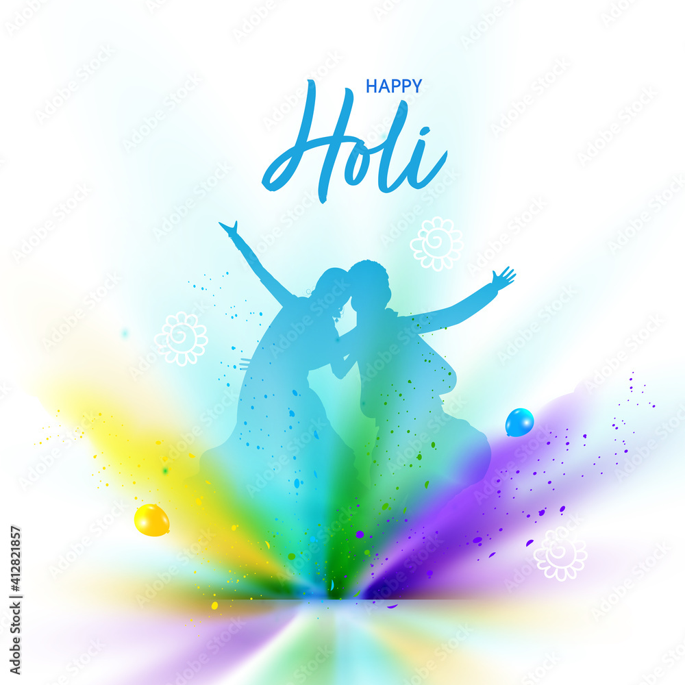 Naklejka premium Happy Holi Celebration Concept With Silhouette Couple And Color Explosion On Glossy White Background.