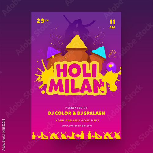 Holi Milan Template Or Flyer Design With Powder (Gulal) In Mud Pots And Event Details.