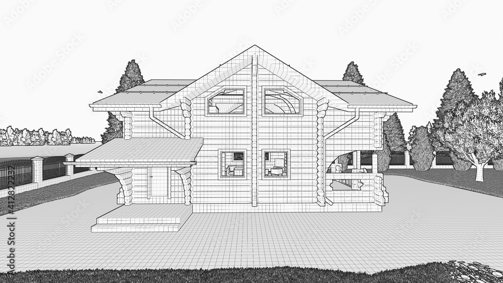 Country wooden house, cottage, villa made of gun carriage on the background of fir trees in the courtyard. Black and white sketch picture