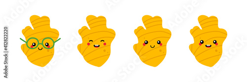 Set, collection of cute cartoon style ginger roots characters for food design.