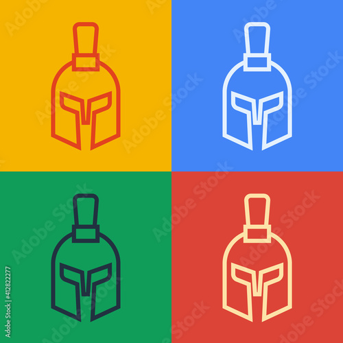 Pop art line Greek helmet icon isolated on color background. Antiques helmet for head protection soldiers with a crest of feathers or horsehair. Vector.