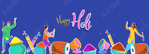 Sticker Style People Playing Colors With Water Guns, Powder Bowls, Mud Pots And Dhol On Blue Background For Happy Holi.