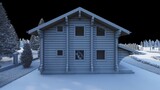 Country wooden house, cottage, villa made of carriage on the background of fir trees in the yard, on red tiles on the background of fir trees and blue sky and snow. the normal map. Black and white pic