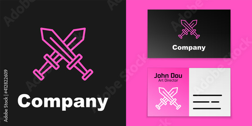 Pink line Crossed medieval sword icon isolated on black background. Medieval weapon. Logo design template element. Vector.