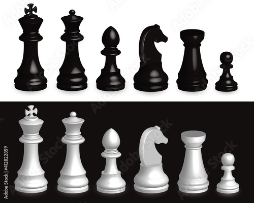 Set of chess pieces 3d. Realistic set of all chess pieces in 3d black and white.