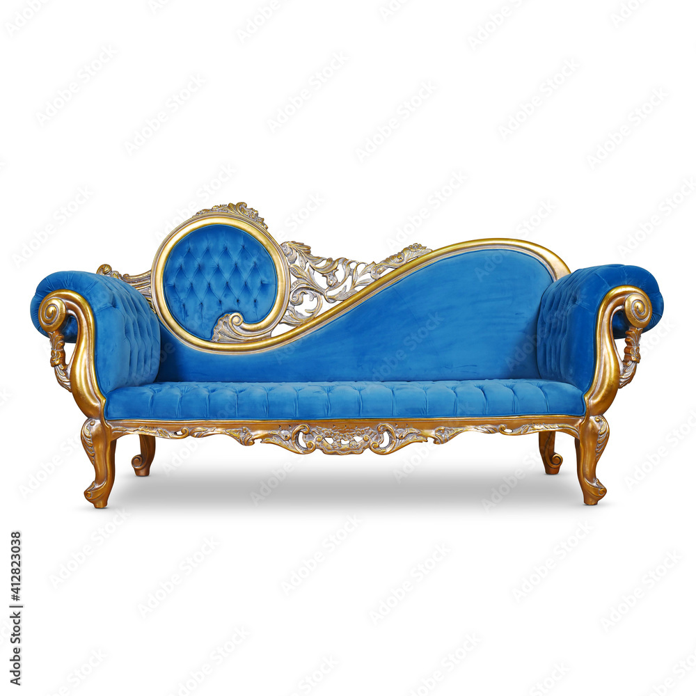 Tufted Blue Velvet Chaise Lounge Isolated. Antique Victorian Style Sofa  Distressed Gold Giltwood Handcrafted Wooden Frame Giltwood Sweeping Scroll  on Backrest. Upholstered Classic Interior Furniture foto de Stock | Adobe  Stock