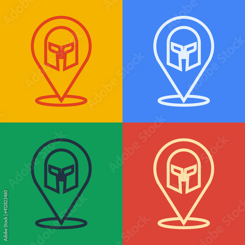 Pop art line Greek helmet icon isolated on color background. Antiques helmet for head protection soldiers with a crest of feathers or horsehair. Vector.