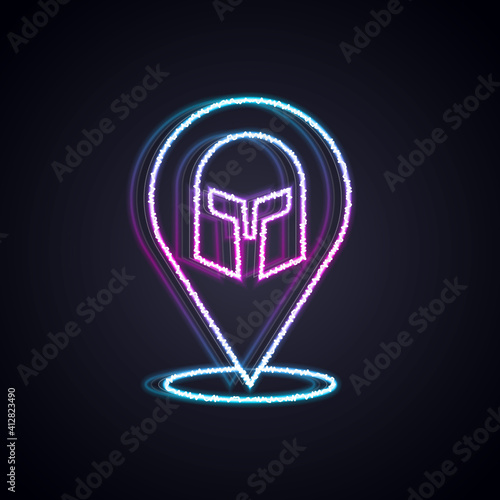 Glowing neon line Greek helmet icon isolated on black background. Antiques helmet for head protection soldiers with a crest of feathers or horsehair. Vector.