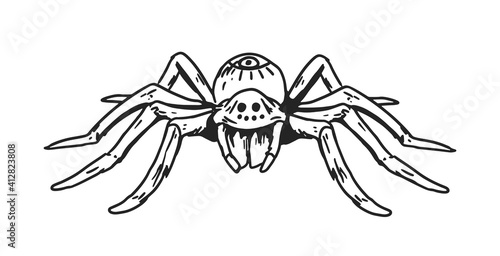 Horrible spider with legs and orb on his back. Black and white Halloween sketch of insect. Hand-drawn monochrome vector illustration isolated on white background