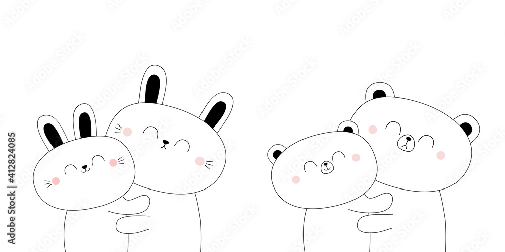 Bear bunny rabbit hugging couple family set. Hug, embrace, cuddle. White contour silhouette. Cute kawaii funny cartoon character. Happy Valentines day. Grizzly. Baby pet background. Flat design. Bear bunny rabbit hugging couple family set. Hug, embrace, cuddle. White contour silhouette. Cute kawaii funny cartoon character. Happy Valentines day. Grizzly. Baby pet background. Flat design.