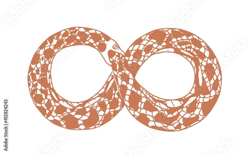 Ouroboros or uroboros as symbol of infinity, eternity and rebirth. Snake biting, devouring or eating its own tail. Monochrome flat vector illustration isolated on white background