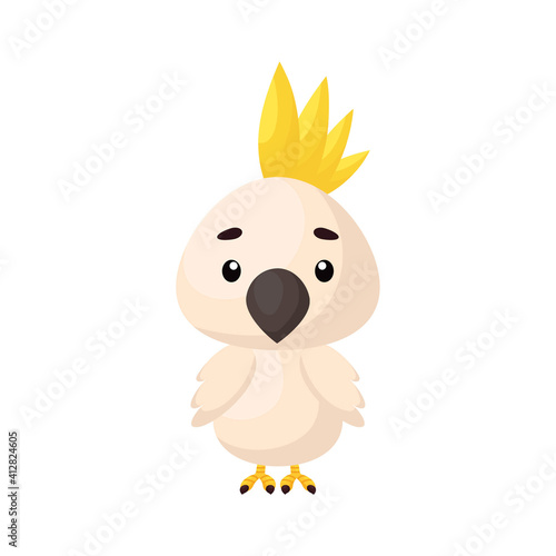 Cute little parrot on white background. Cartoon animal character for kids cards, baby shower, birthday invitation, house interior. Bright colored childish vector illustration in cartoon style.