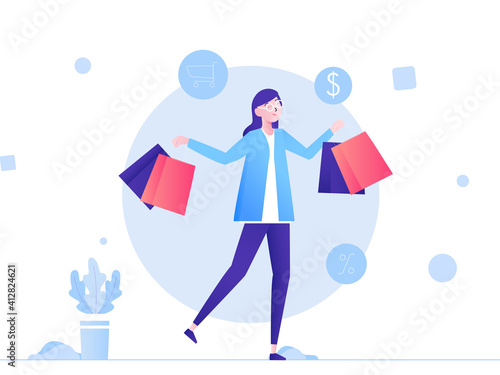 Illustration Vector Graphic of Online Shopping Activity, a women shopping and choose a few products, this illustration perfect for website, landing page, web, app, and banner