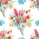 tulips daffodils flowers spring bloom. watercolor illustration hand drawn print textile postcard sketch doodle background greeting card seamless pattern
