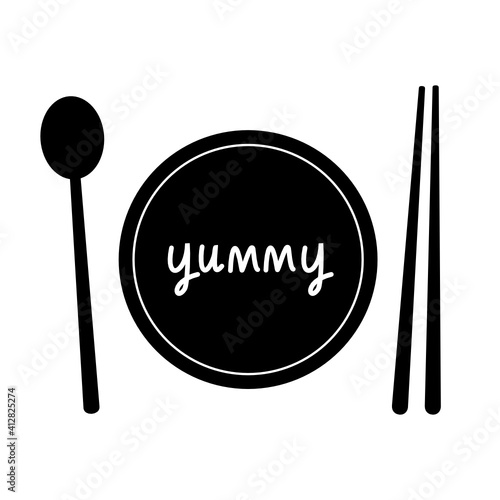 Rice bowl with chopsticks and spoon icon isolated on white background vector illustration. Restaurant menu design.