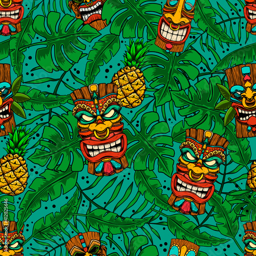 Seamless pattern with tiki idols and palm leaves. Design element for poster, card, banner, sign. Vector illustration
