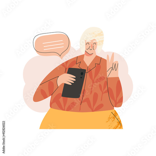 Old elderly happy senior woman with smartphone laptop device. Silver generation surfers, baby boomers communication in virtual class. Active pensioner, self-sufficiency people