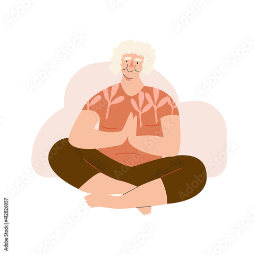 Elderly woman doing yoga. Well-being senior character. Aged people wellness, slow life, digital detox, mental health concept. Active pensioner modern flat vector illustration