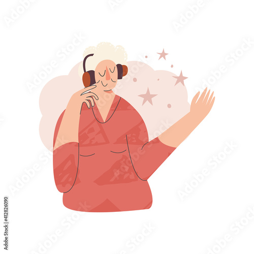 Elderly woman listen music in headphones. Well-being senior character. Aged people wellness, slow life, mental health concept. Active pensioner modern flat vector illustration