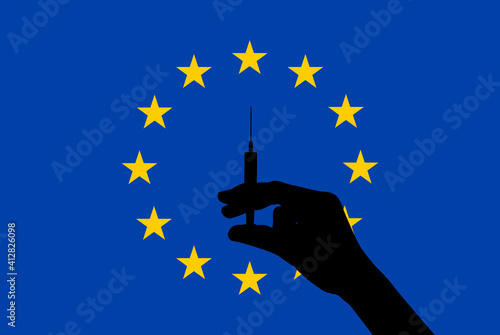 Black Hand silhouette holds a syringe with a vaccine against EU flag. Vaccination in European Union Concept. Vector Illustration EPS10