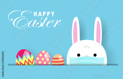 happy Easter eggs for new normal protect coronavirus covid 19, little rabbit wearing a mask and colorful Easter eggs cartoon character flat paper cut style on background isolated vector illustration