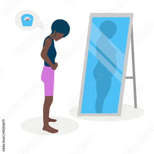 Flat vector illustration of a black skinny girl with low self-esteem standing in front of a mirror. The girl looks into her distorted reflection.