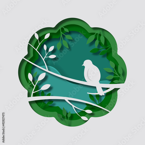 Paper art carve to bird on tree branch in forest at night, origami concept nature and animals idea, vector art and illustration.