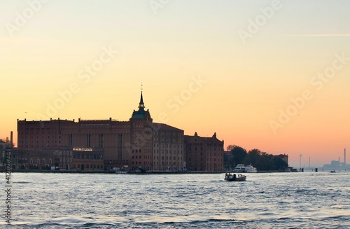 Venice, Italy: Sunset over Giudecca canal and Molino Stucky silhouette