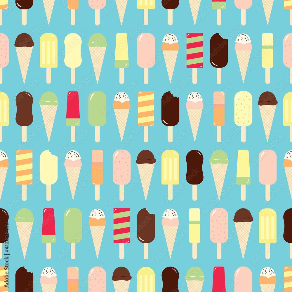 Vector seamless pattern of different sweet ice creams with bright and colorful colours Vector seamless pattern of different sweet ice creams with bright and colorful colours