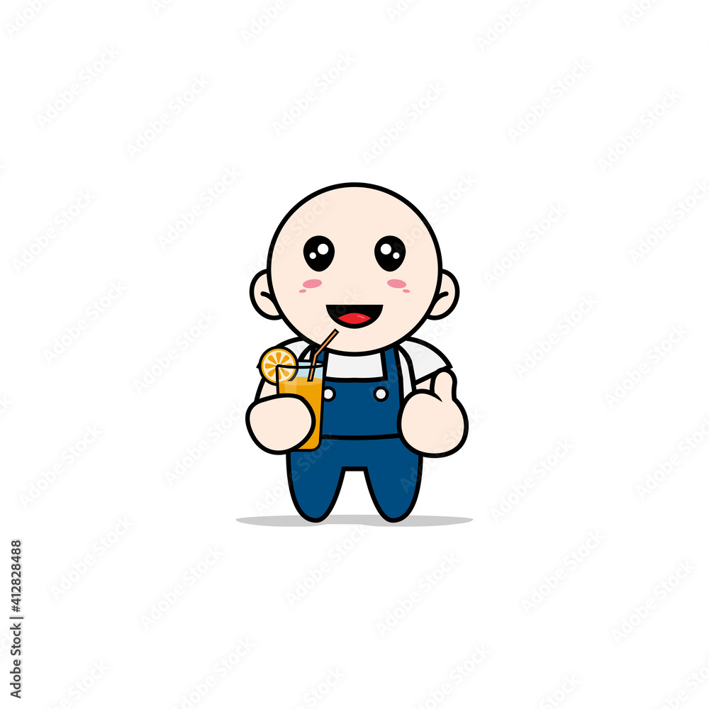 Cute mechanic character holding a cup of juice Cute mechanic character holding a cup of juice