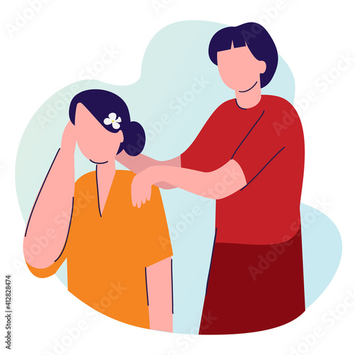 man hold massage woman shoulder with cartoon flat style