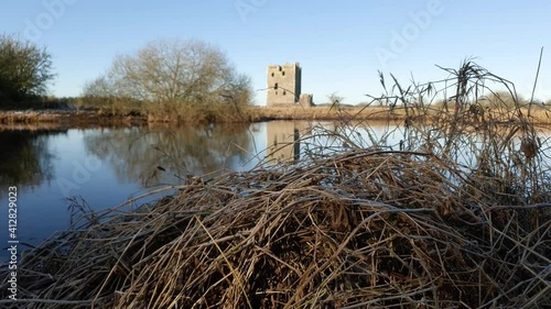 B-Roll of dead and frozen reeds, with a historic Scottish castle photo