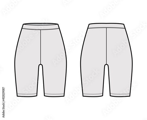 Bike shorts technical fashion illustration with normal waist, rise, thigh length. Flat sport training pants, casual knit trousers apparel template front, back, grey color. Women men unisex CAD mockup
