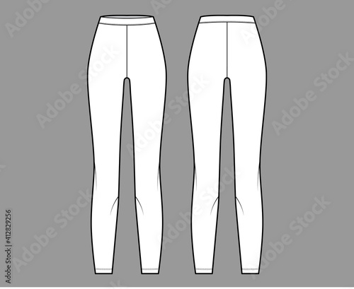 Leggings knit pants technical fashion illustration with normal waist, high rise, full length. Flat sport training, casual trousers apparel template front, back white color. Women men unisex CAD mockup