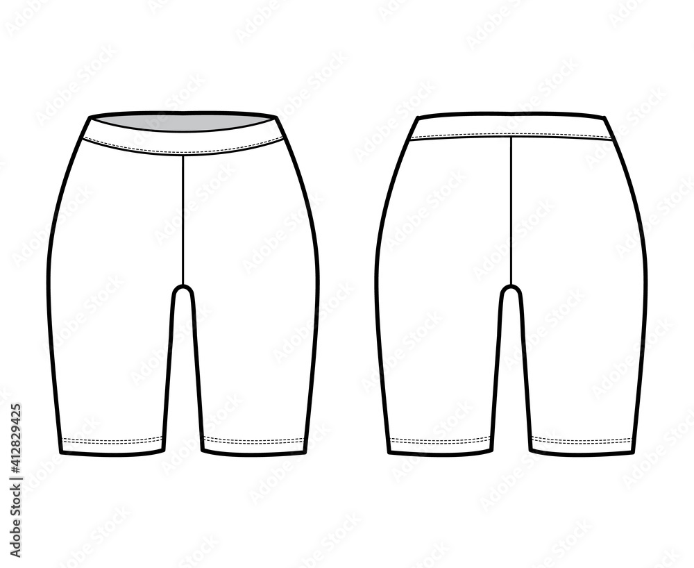 Bike shorts technical fashion illustration with low waist, rise, thigh length. Flat sport training pants, casual knit trousers apparel template front, back, white color. Women men unisex CAD mockup Bike shorts technical fashion illustration with low waist, rise, thigh length. Flat sport training pants, casual knit trousers apparel template front, back, white color. Women men unisex CAD mockup