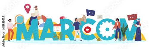 people on working promotion telemarketing searching around marcom typography with cartoon flat style