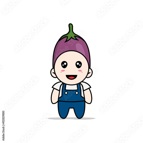 Cute mechanic character wearing eggplant costume.