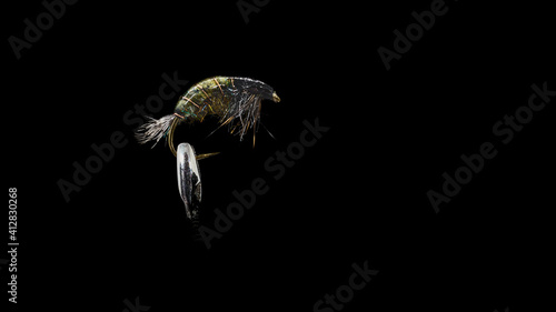 Handmade fishing fly close-up on a dark background.